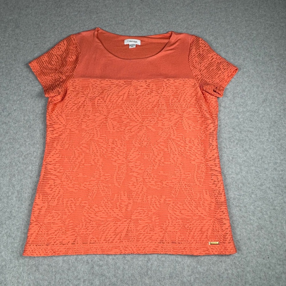 Calvin Klein Womens Coral Orange Lace Overlay Short Sleeve Top Blouse Medium